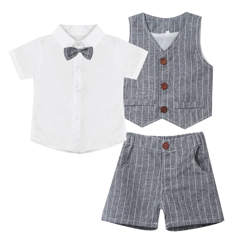 YiZYiF Baby Boys 3-Piece Tuxedo includes Dress Shirt Bow Tie Vest and Shorts Formal Suit Set Gray 3-4 Years