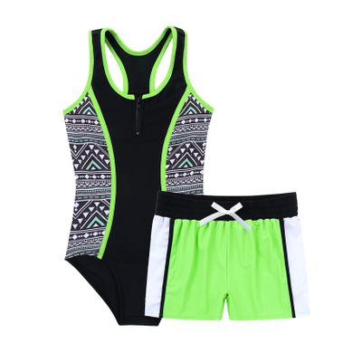 Loloda Kids Girls 2-Piece Swimsuits Racer Back Jumpsuit with Bottoms Tankini Swimwear Bathing Suit Green 14 Years