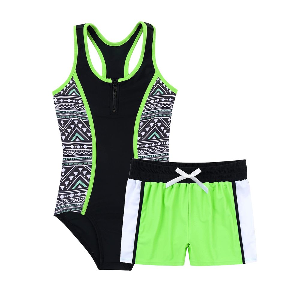 Loloda Kids Girls 2-Piece Swimsuits Racer Back Jumpsuit with Bottoms Tankini Swimwear Bathing Suit Green 14 Years