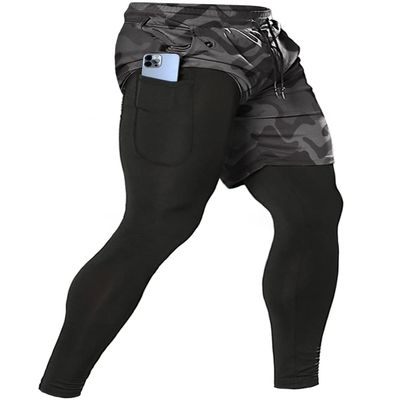 Men's 2 in 1 Running Pants, Gym Workout Compression Pants for Men Training Athletic Pants Camoblack X-Large