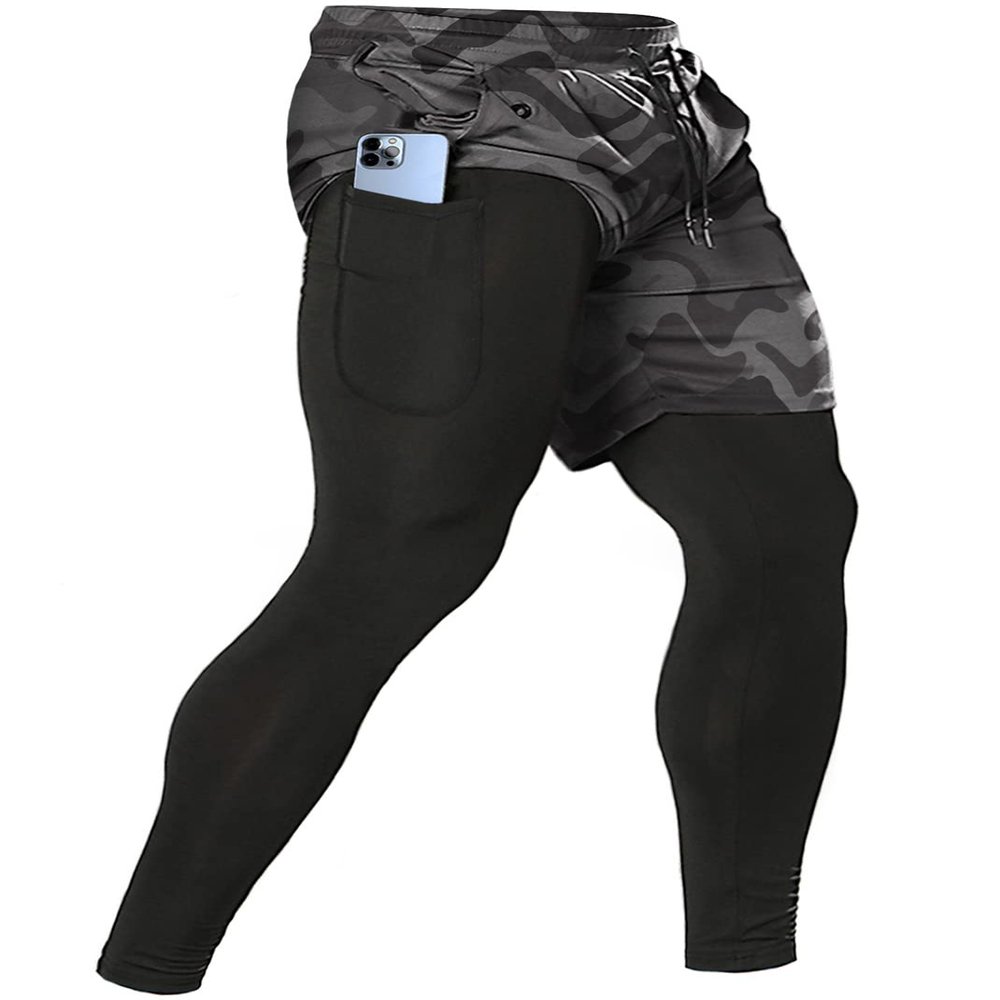 Men's 2 in 1 Running Pants, Gym Workout Compression Pants for Men Training Athletic Pants Camoblack X-Large