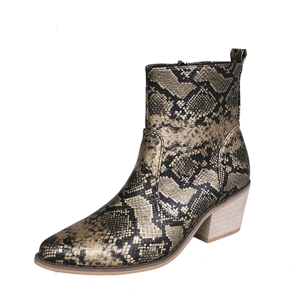 Bcshiye Women's Western Boots,Chunky Heel Low Heel Ankle Boots Pointed Toe Slip on Snake Print Zipper Work Dress Booties