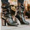 Bcshiye Women's Western Ankle Boot,Chunky Heel Wide Width Mid Calf Boots Retro Buckle Strap Slip On Dress Combat Boots view 2