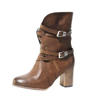 Bcshiye Women's Western Ankle Boot,Chunky Heel Wide Width Mid Calf Boots Retro Buckle Strap Slip On Dress Combat Boots