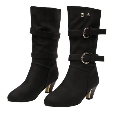 oiangi Womens Chunky Heel Mid-Calf Boots Fashion Round Toe Double Belt Buckle Studded Square Heel High Heel Boots Trendy Comfortable Casual Shoes