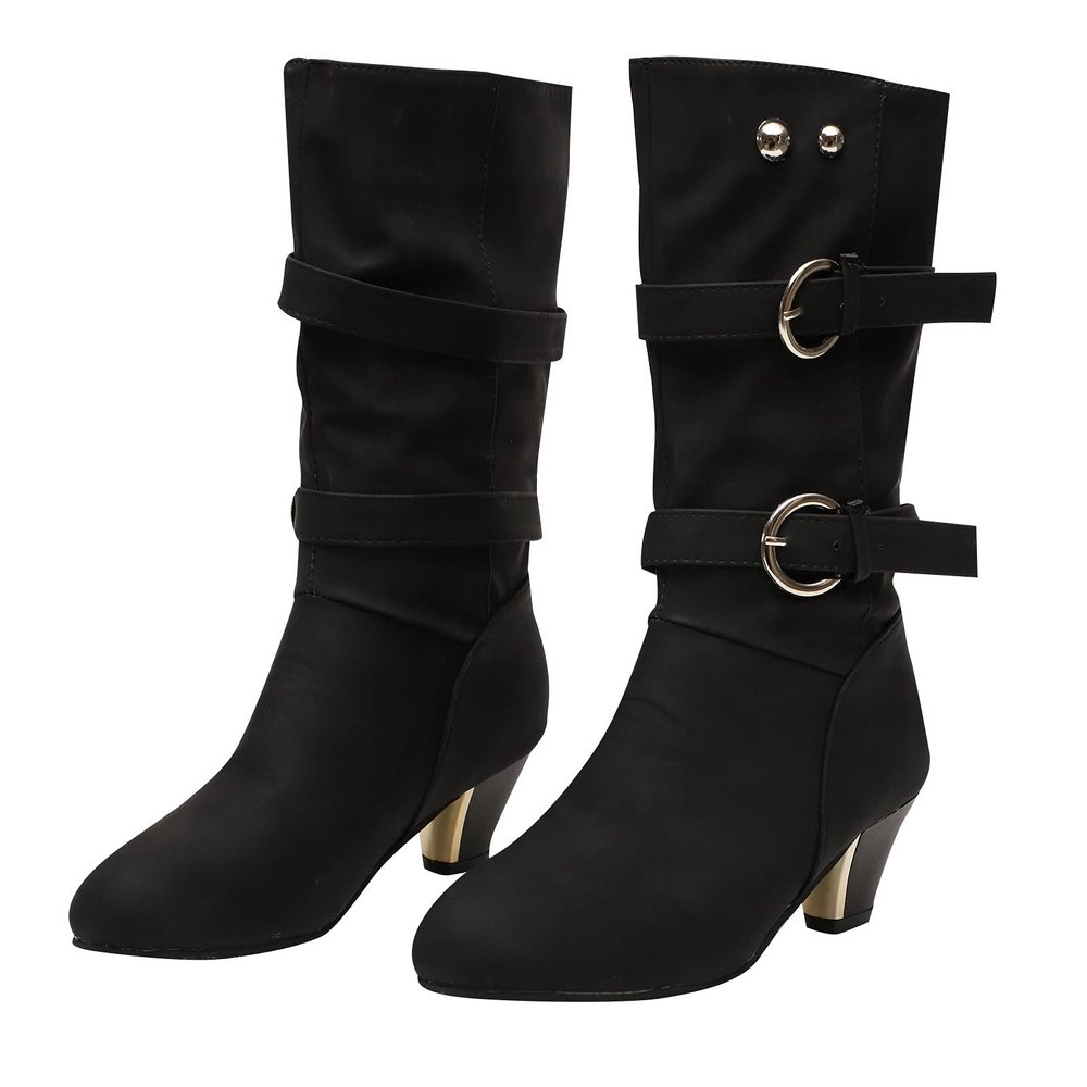 oiangi Womens Chunky Heel Mid-Calf Boots Fashion Round Toe Double Belt Buckle Studded Square Heel High Heel Boots Trendy Comfortable Casual Shoes