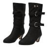 oiangi Womens Chunky Heel Mid-Calf Boots Fashion Round Toe Double Belt Buckle Studded Square Heel High Heel Boots Trendy Comfortable Casual Shoes view 1