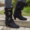 oiangi Womens Chunky Heel Mid-Calf Boots Fashion Round Toe Double Belt Buckle Studded Square Heel High Heel Boots Trendy Comfortable Casual Shoes view 2