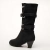oiangi Womens Chunky Heel Mid-Calf Boots Fashion Round Toe Double Belt Buckle Studded Square Heel High Heel Boots Trendy Comfortable Casual Shoes view 3