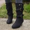 oiangi Womens Chunky Heel Mid-Calf Boots Fashion Round Toe Double Belt Buckle Studded Square Heel High Heel Boots Trendy Comfortable Casual Shoes view 4