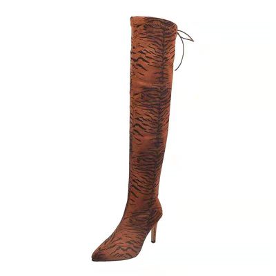 Women Over the Knee Boots Stiletto High Heels Fashion Leopard Pointed Toe Thigh High Boots Comfortable Casual Lace Up Stretch Zipper Shoes