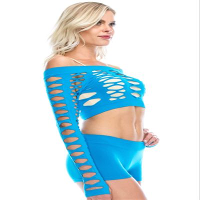 Kurve Women's Crop Fishnet Long Sleeve Layer Blouse Top, UV Protective Fabric UPF 50+ (Made with Love in The USA) Turquoise