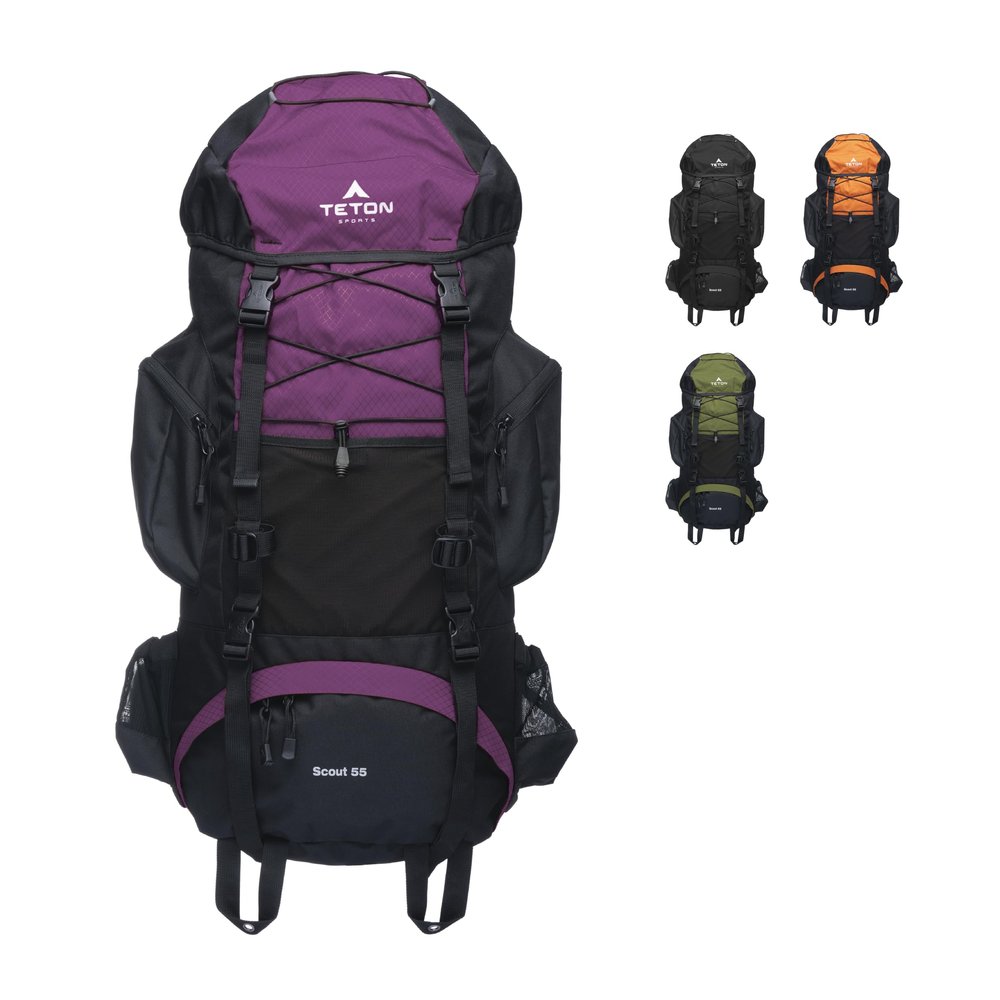 Teton 55L Scout Internal Frame Backpack for Hiking, Camping, Backpacking, Travel, Rain Cover Included, Huckleberry