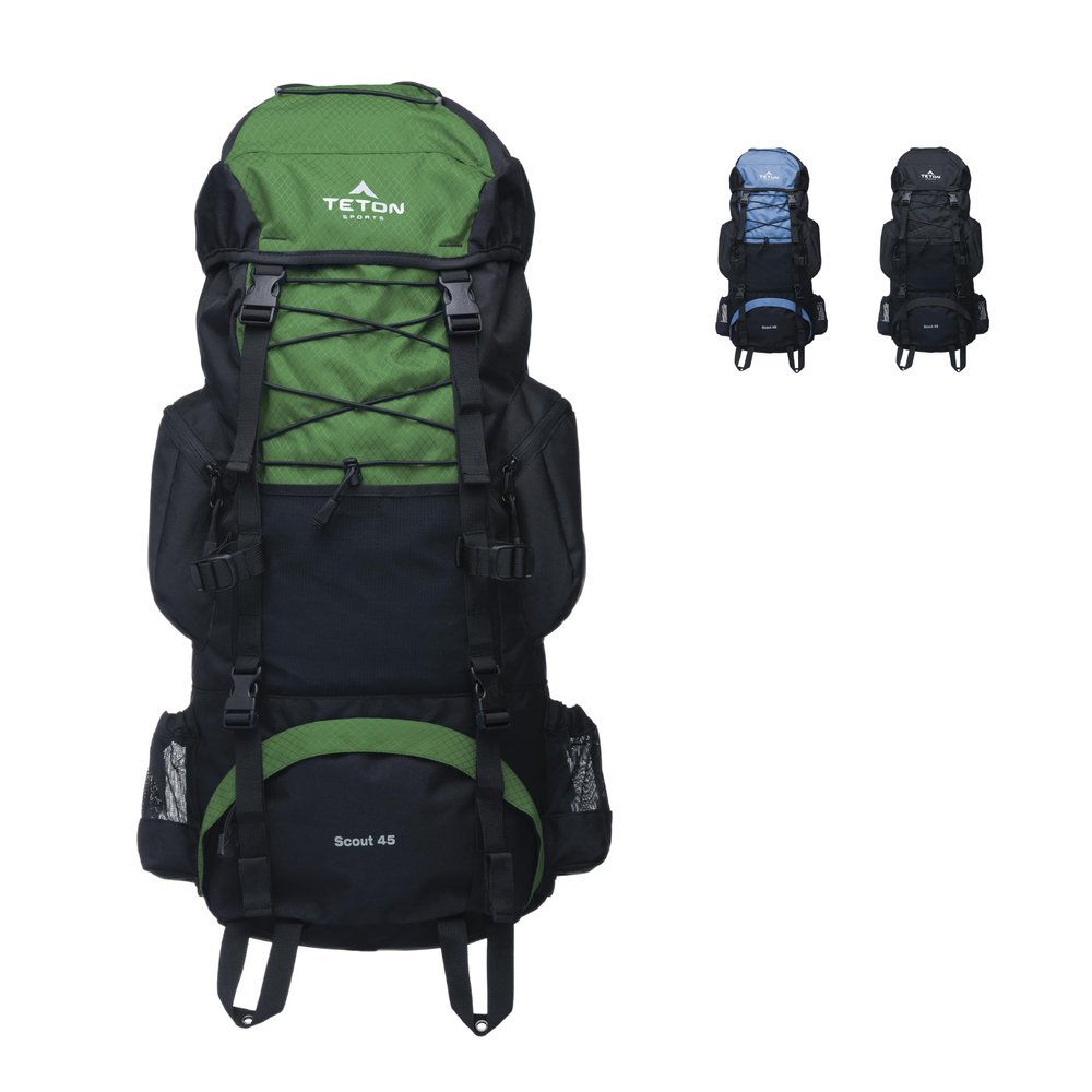 Teton 45L Scout Internal Frame Backpack for Hiking, Camping, Backpacking, Travel, Rain Cover Included, Evergreen
