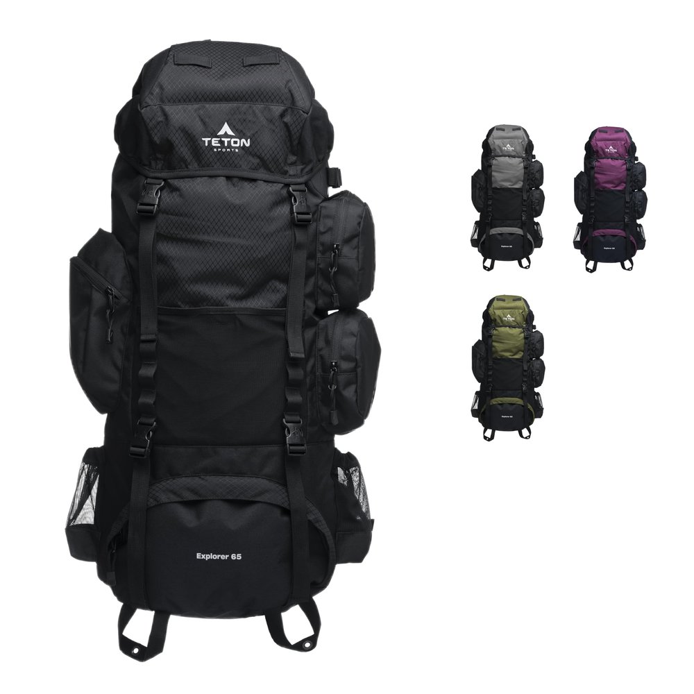 Teton 65L Explorer Internal Frame Backpack for Hiking, Camping, Backpacking, Rain Cover Included, Black
