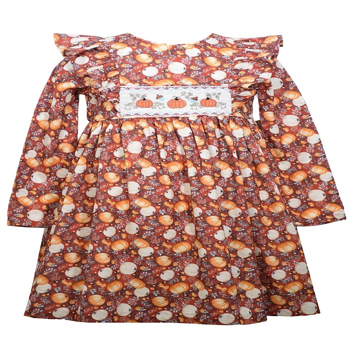Bonnie Jean Thanksgiving Long Sleeves Harvest Smocked Pumpkin Girls' Dress (12 Months) Multicoloured