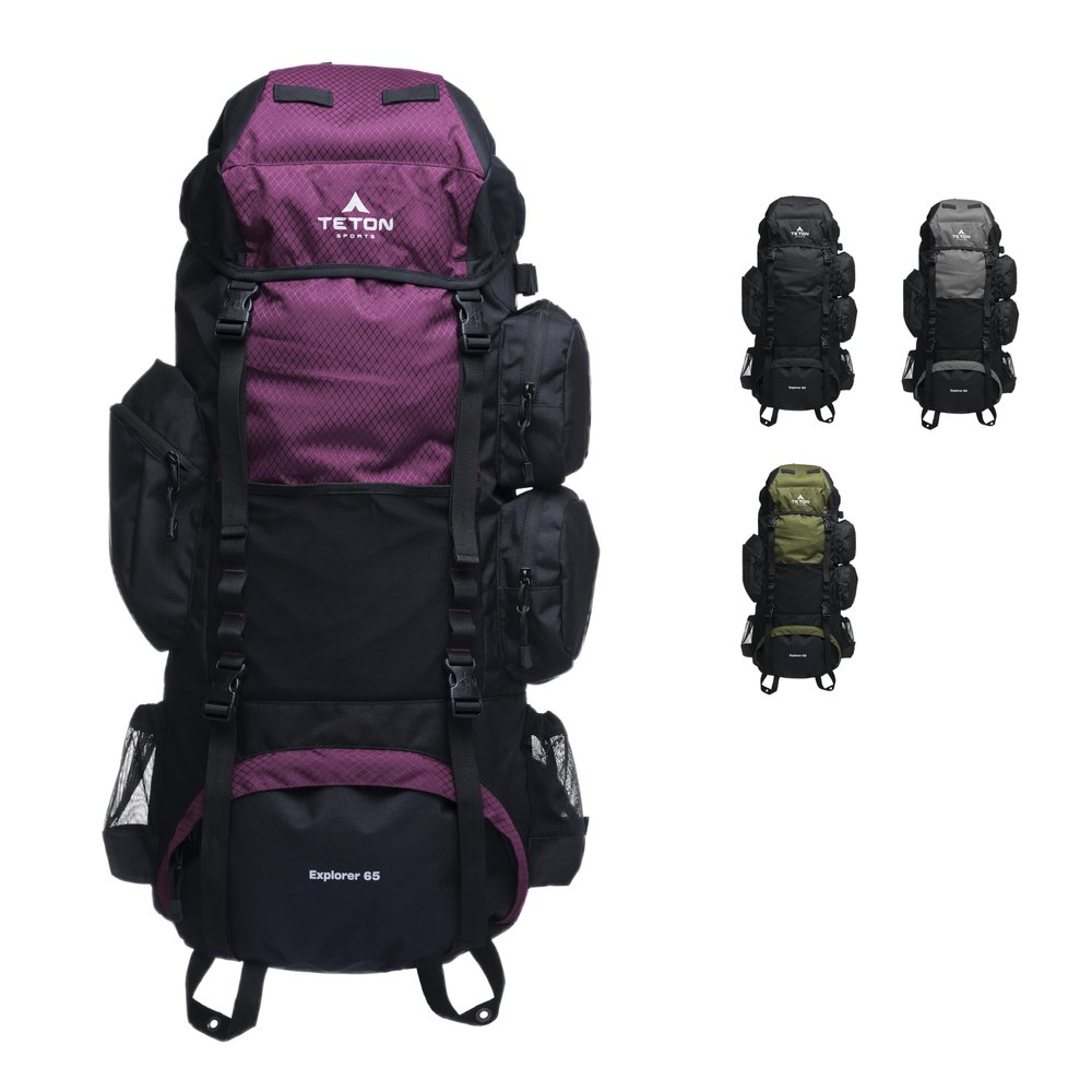 Teton 65L Explorer Internal Frame Backpack for Hiking, Camping, Backpacking, Rain Cover Included, Huckleberry
