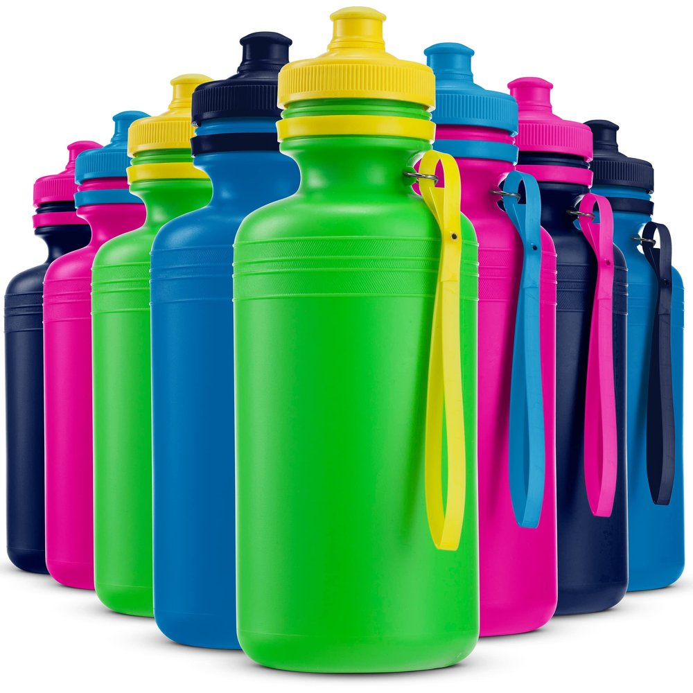 Bedwina Bulk Water Bottles For Kids - (Pack of 12) 18 Oz - 7.5 Inch BPA-Free Plastic with Pop-up Tops & Handles for Sports, Summer, Reusable Water Bottles Bulk For School