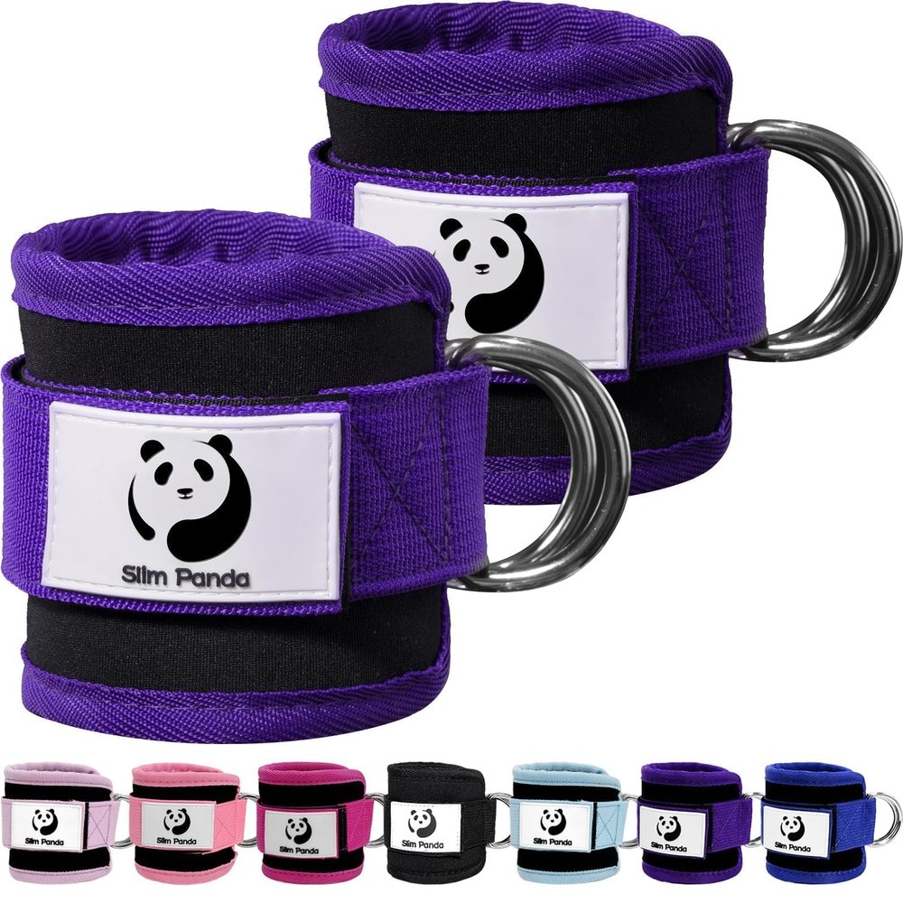 Slim Panda Ankle Strap for Cable Machine,Ankle Cuff for Kickbacks, Booty Hip Abductors,Glute Workouts, Leg Extensions, Curls for Men and Women, Adjustable with Double D-Rings (Pair, Purple)