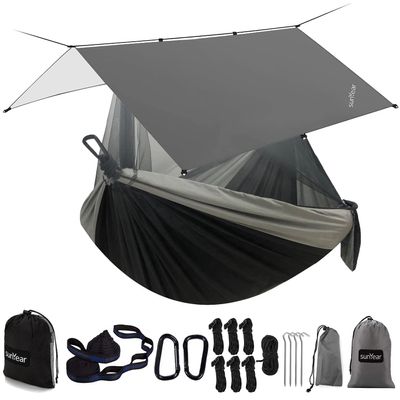 Sunyear Hammock Camping with Rain Fly Tarp and Net, Portable Camping Hammock Double Tree Hammock Outdoor Indoor Backpacking Travel & Survival, 2 Tree Straps,100% Waterproof Black/Grey Bundle