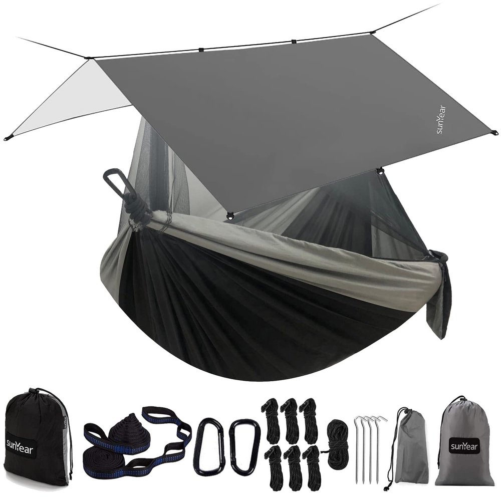 Sunyear Hammock Camping with Rain Fly Tarp and Net, Portable Camping Hammock Double Tree Hammock Outdoor Indoor Backpacking Travel & Survival, 2 Tree Straps,100% Waterproof Black/Grey Bundle