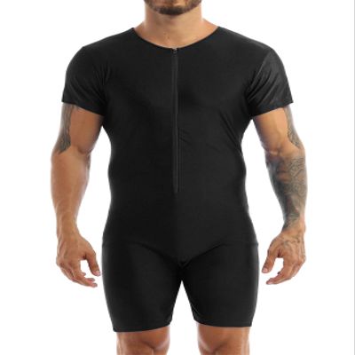 Yihuimin Men's One Piece Short Sleeve Zipper Front Dance Workout Bodysuit Biketard Unitard Jumpsuit Black Large