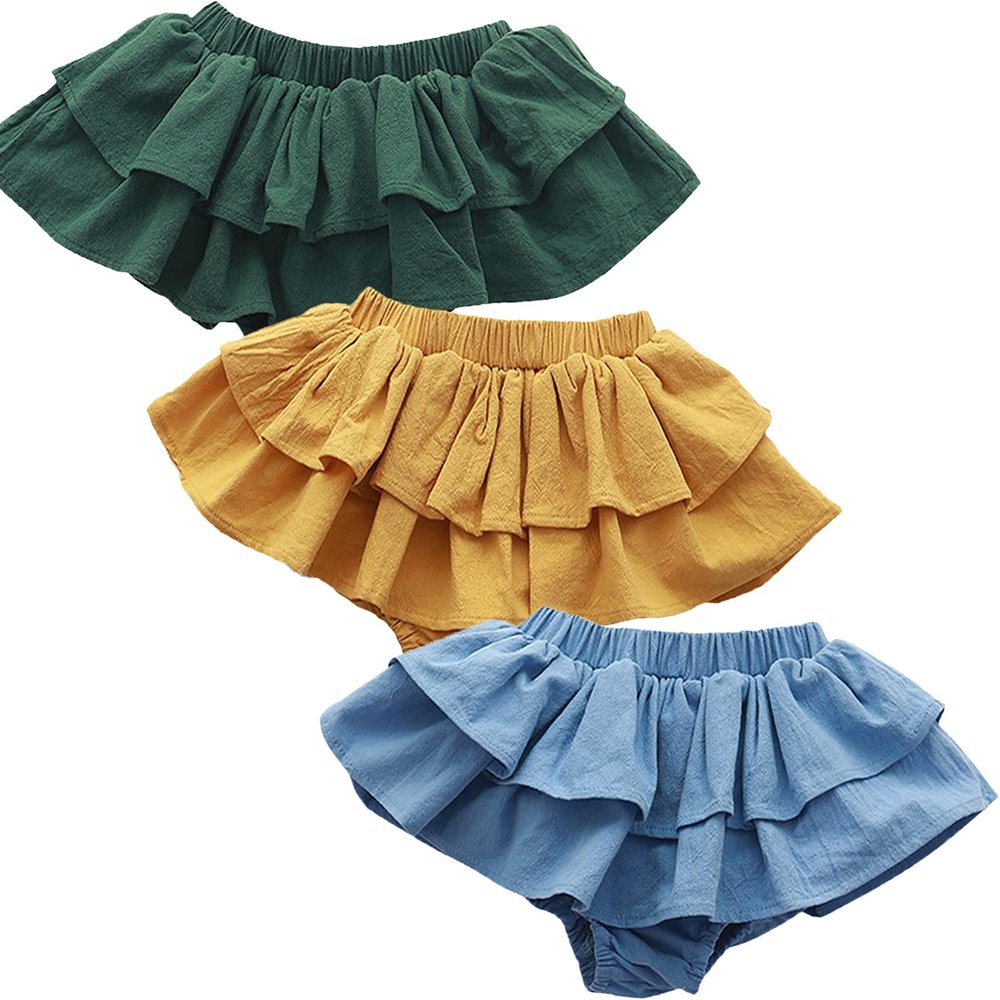3PC Shorts Set Newborn Baby Girls Boy PP Pants Solid Floral Ruffle Cotton Bloomers Skirt Basic Washable Diaper Cover (3-4 Years,Skirt-Green&Yellow&Blue,3 Years,4 Years)