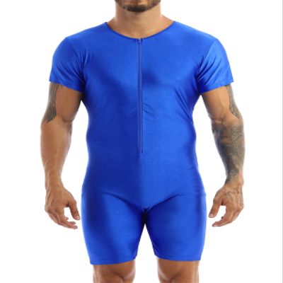Yihuimin Men's One Piece Short Sleeve Zipper Front Dance Workout Bodysuit Biketard Unitard Jumpsuit Blue Large