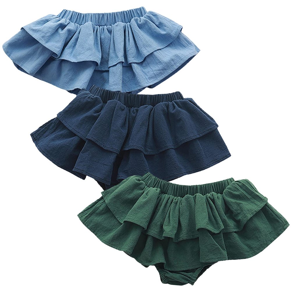 3PC Shorts Set Newborn Baby Girls Boy PP Pants Solid Floral Ruffle Cotton Bloomers Skirt Basic Washable Diaper Cover (2-3 Years,Skirt-Blue&Navy&Green,2 Years,3 Years)