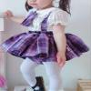 vastwit Toddler Baby Girls Plaid Pleated Bib Skirt with Bowknot Bow Tie Set Basic Suspender Skirts Purple 12-18 Months view 3