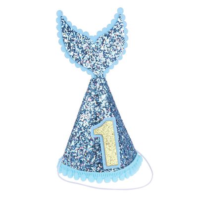 JEEYJOO Infant Baby Girls Birthday Hat Shiny Sequins Party Supplies Mermaid Tail Cone Hat with Adjustable Headband Blue&Gold One Size