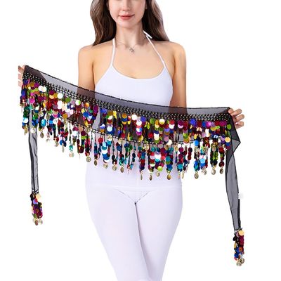Belly Dance Hip Scarf with Coins Sequin Fringe Belt Skirt Belly Dancer Costumes for Women (Colorful-Black)