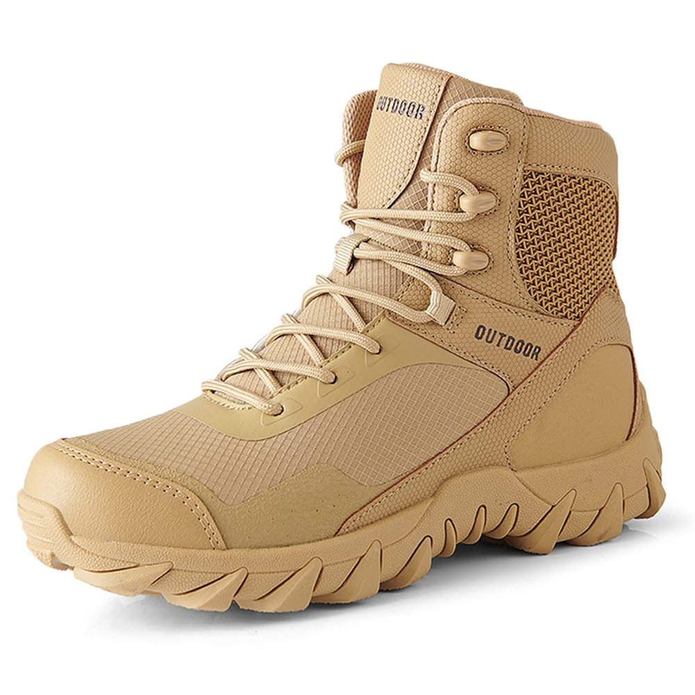 hongrenamz Mens Walking Boots Water Resistant High Top Hiking Trekking Lace Up Trail Shoes Outdoor Sport Sand-EU46/US12