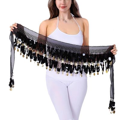 Belly Dance Hip Scarf with Coins Belly Dance Belt Sequin Fringe Skirt Belly Dancer Costumes for Women (Black)
