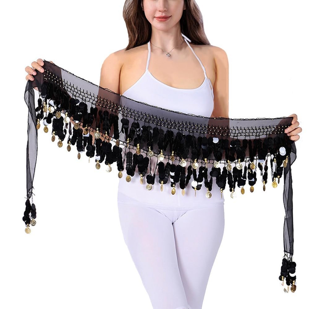 Belly Dance Hip Scarf with Coins Belly Dance Belt Sequin Fringe Skirt Belly Dancer Costumes for Women (Black)