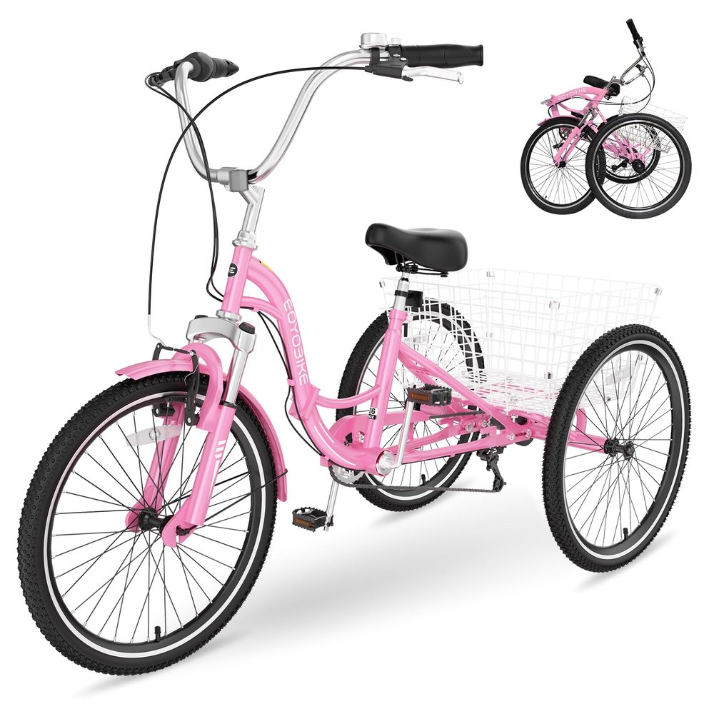 NAIZEA Folding Adult Tricycle - 7 Speed 20/24/26 Inch Folding Tricycle for Adult, 3 Wheel Bike, Foldable Trike with Large Basket/Low-Step Through for Men Women Senior
