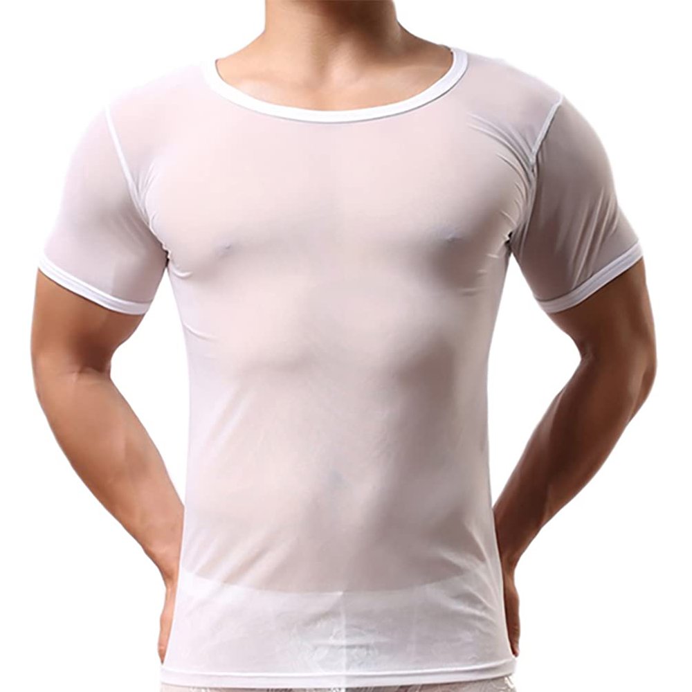 Familyhouse Men's Short Sleeve T-Shirt Mesh Base Layer Slim Fit Athletic Undershirt Gym Training Shirts Muscle Vest Top (White,XL)