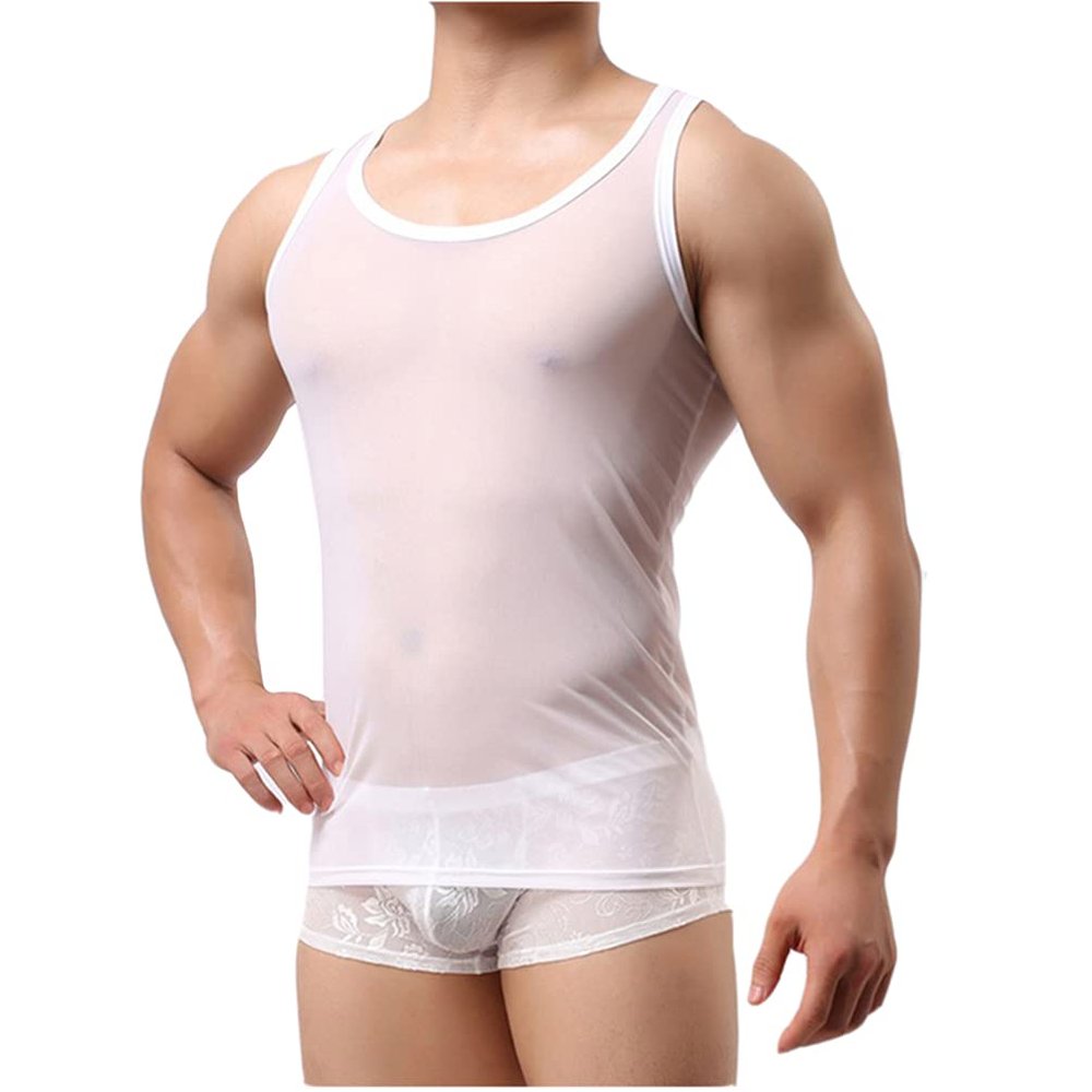 Mens Mesh Tank Tops Vest Muscle Tops Slim Fit Training Shirts Gym Wear Sportswear (M,White)