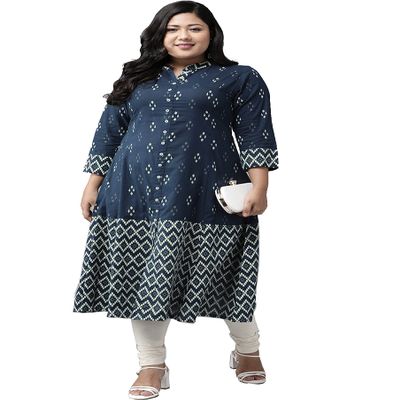 Yash Gallery Women's Plus Size Indian Cotton Ikat Print A-line kurta for Women (Blue)