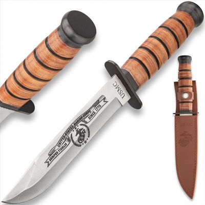 United Cutlery USMC Tribute Combat Knife with Leather Sheath | Officially Licensed | Stainless Steel Blade | Stacked Leather Handle | Perfect for Historical Knife Collectors | Overall 12 1/4