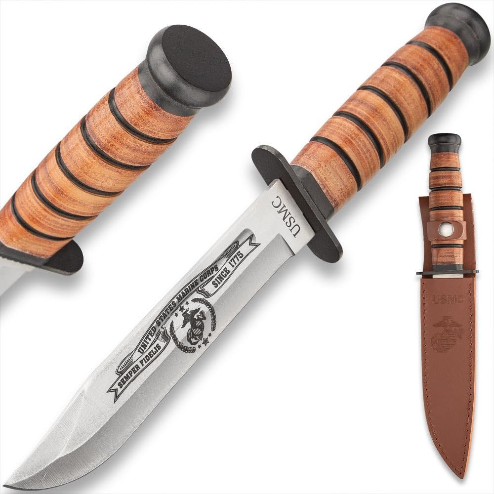 United Cutlery USMC Tribute Combat Knife with Leather Sheath | Officially Licensed | Stainless Steel Blade | Stacked Leather Handle | Perfect for Historical Knife Collectors | Overall 12 1/4