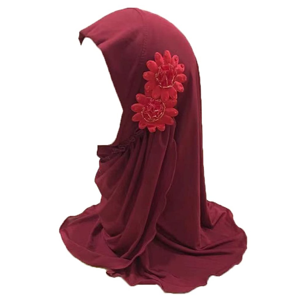 ALEDLE-LIFE Kids Girls Crystal Flower Muslim Khimar Hijab Headscarf Elastic Beanie Arab Scarf Shawls Islamic Turban Cap