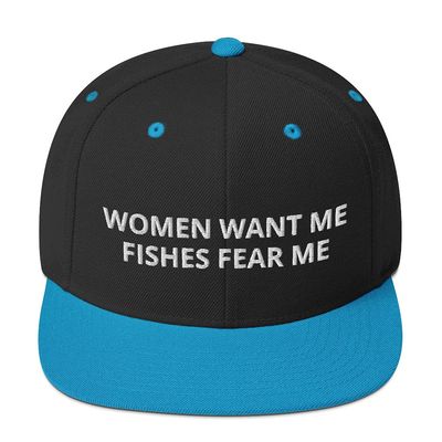 Women Want Me Fishes Fear Me Fishing Flatbrim Flat Brim Snapback Hat Cap Black/Teal
