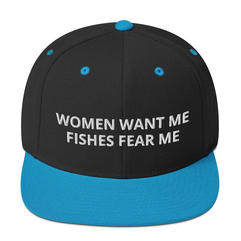 Women Want Me Fishes Fear Me Fishing Flatbrim Flat Brim Snapback Hat Cap Black/Teal