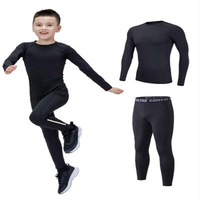 Echinodon Boys Sports Base Layer Set Kids Compression Long Sleeve Gym Tops Leggings Quick Dry Football Underwear Black 28