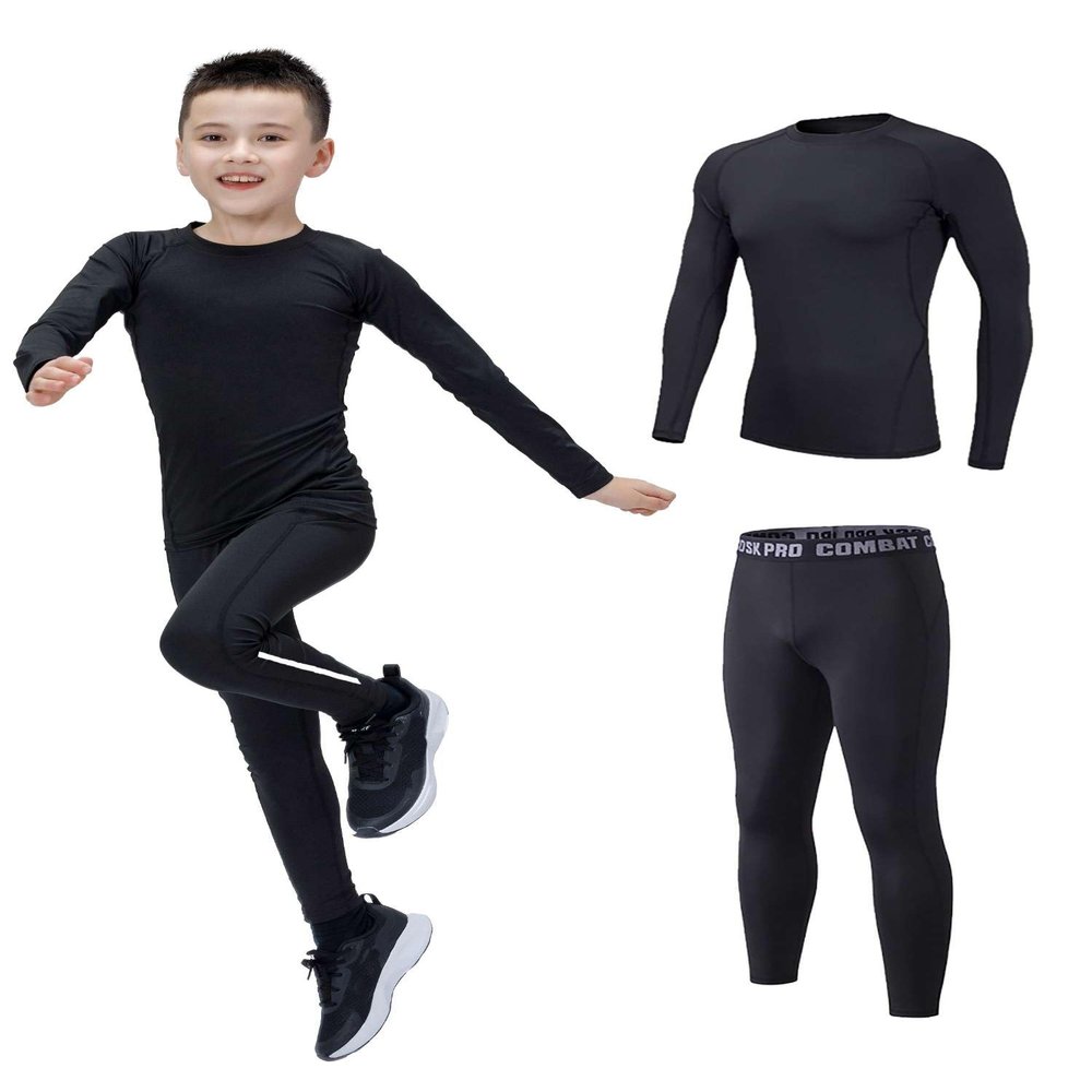 Echinodon Boys Sports Base Layer Set Kids Compression Long Sleeve Gym Tops Leggings Quick Dry Football Underwear Black 28
