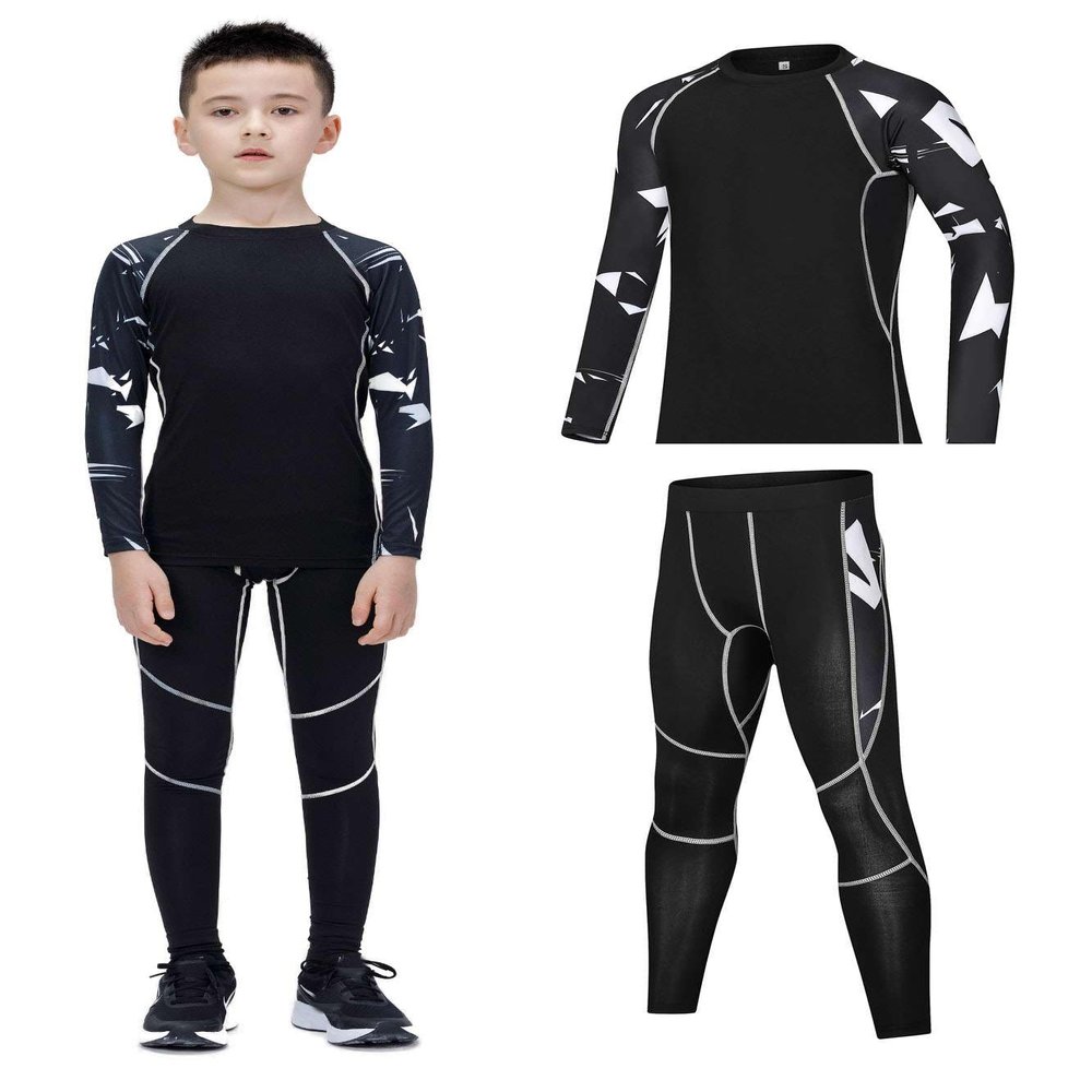 Echinodon Boys Girls Compression Set Kids Sports Base Layer Tights Athletic Underwear Top Leggings Set Black 22