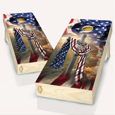 American Flag Christian Cross Patriotic Cornhole Board Vinyl Wrap Laminated Sticker Set