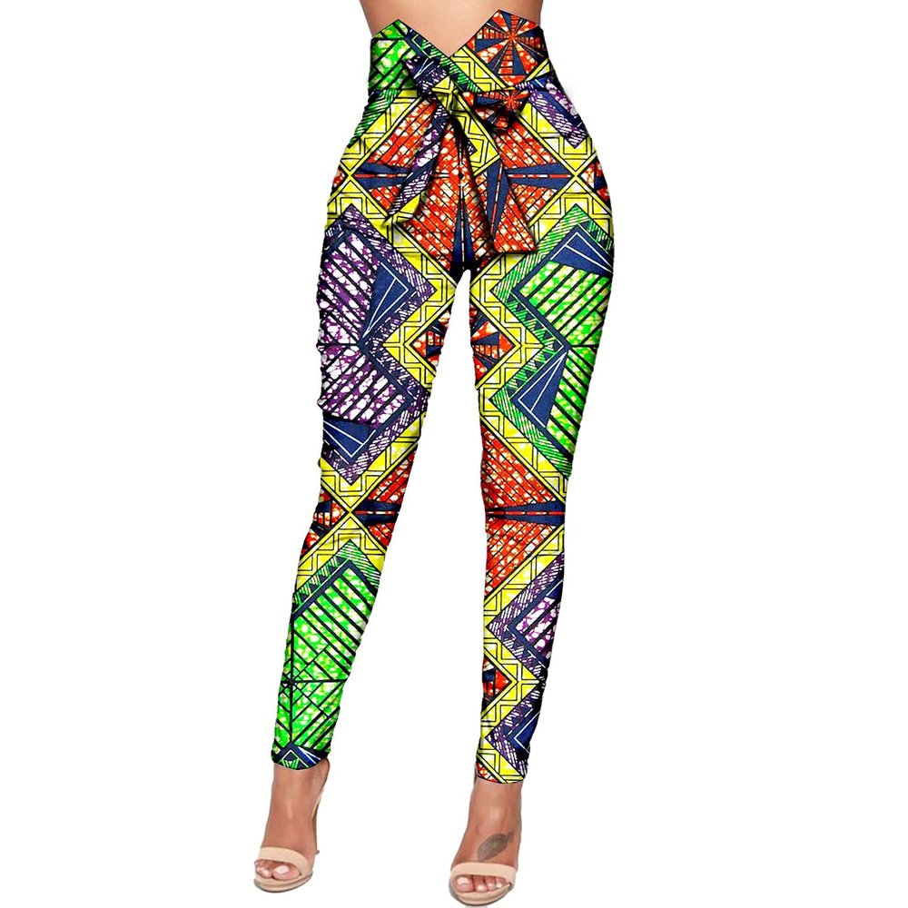African Print Trousers Fashion Women Ankara High Waist Long Pants with Bowtie Dashiki Clothing Attire 698 XXS