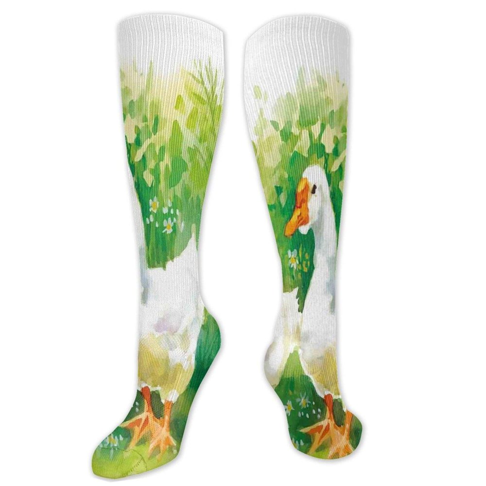 GULTMEE Duck Fashion Compression Socks,Goose In Farm Lake Plants Grass Reeds Flowers Performance Polyester Cushioned Athletic Crew Socks for Running,Athletic,Green And White- 19.8 inch